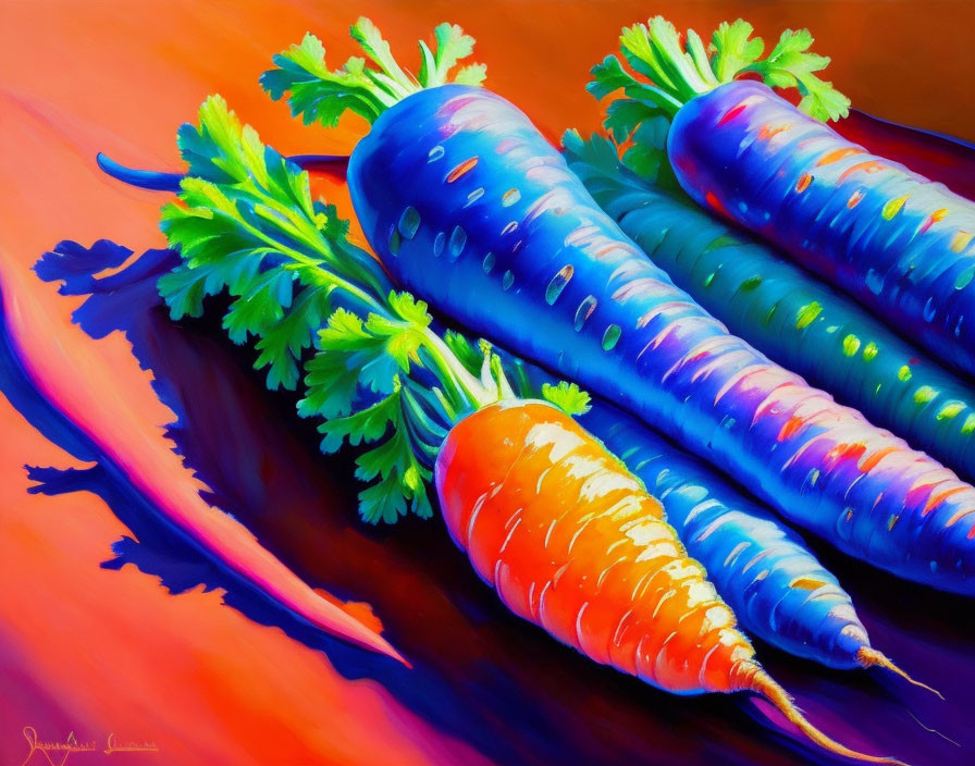 Colorful surreal painting of stylized carrots on warm-toned background