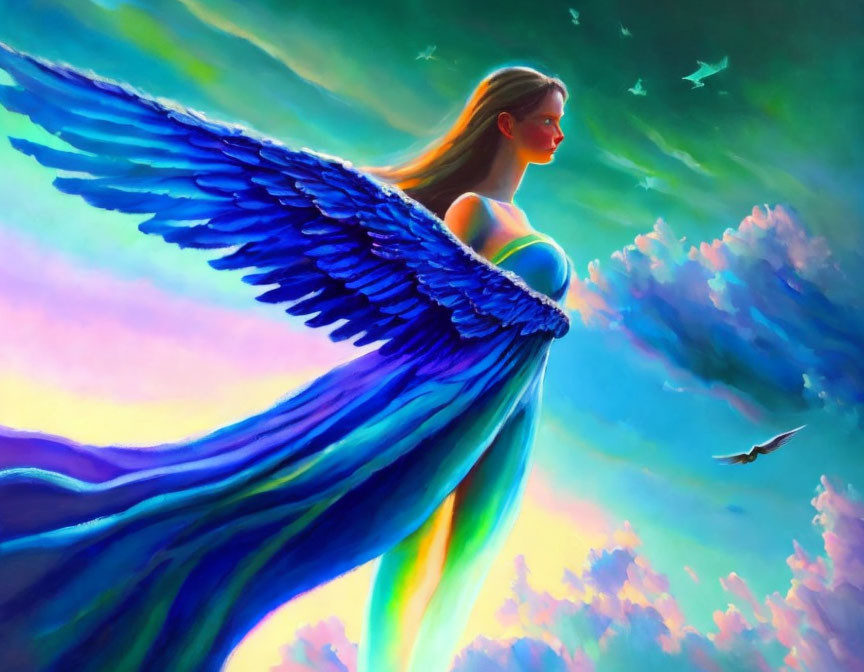 Vibrant artwork of woman with blue wings in flowing dress gazes at birds