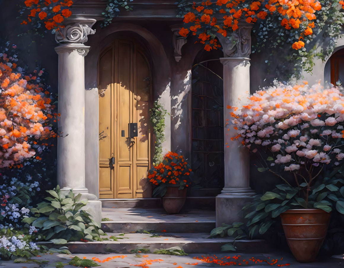 White Columned Doorway with Orange and White Blossoms