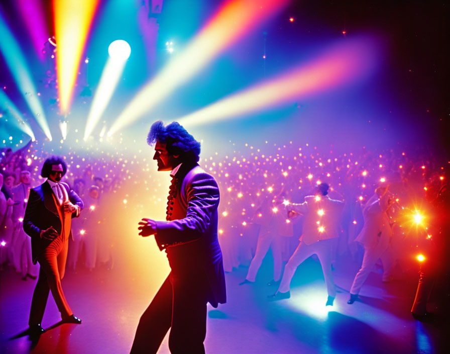 Colorful Disco Scene with Dancing People and Sequined Figure