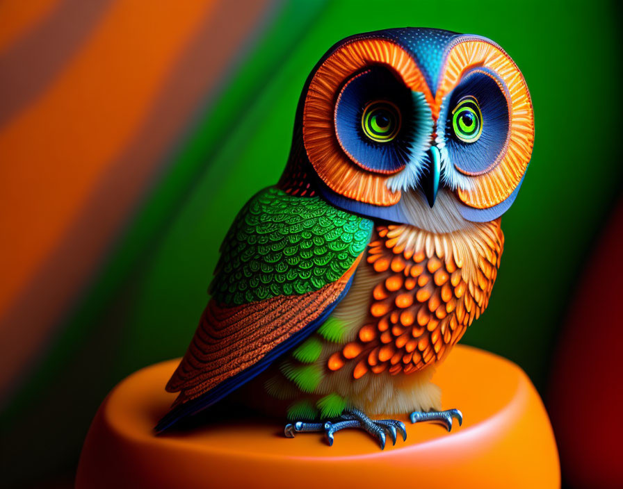 Colorful Stylized Owl Figurine with Large Eyes and Intricate Patterns on Orange Surface