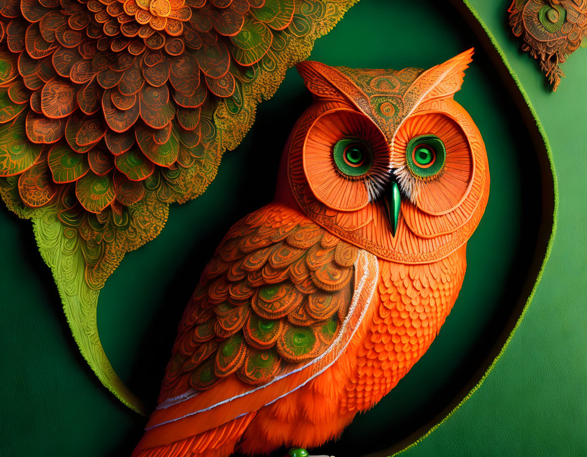 Detailed Paper Owl Art Against Green Background: Intricate Feathers & 3D Craftsmanship