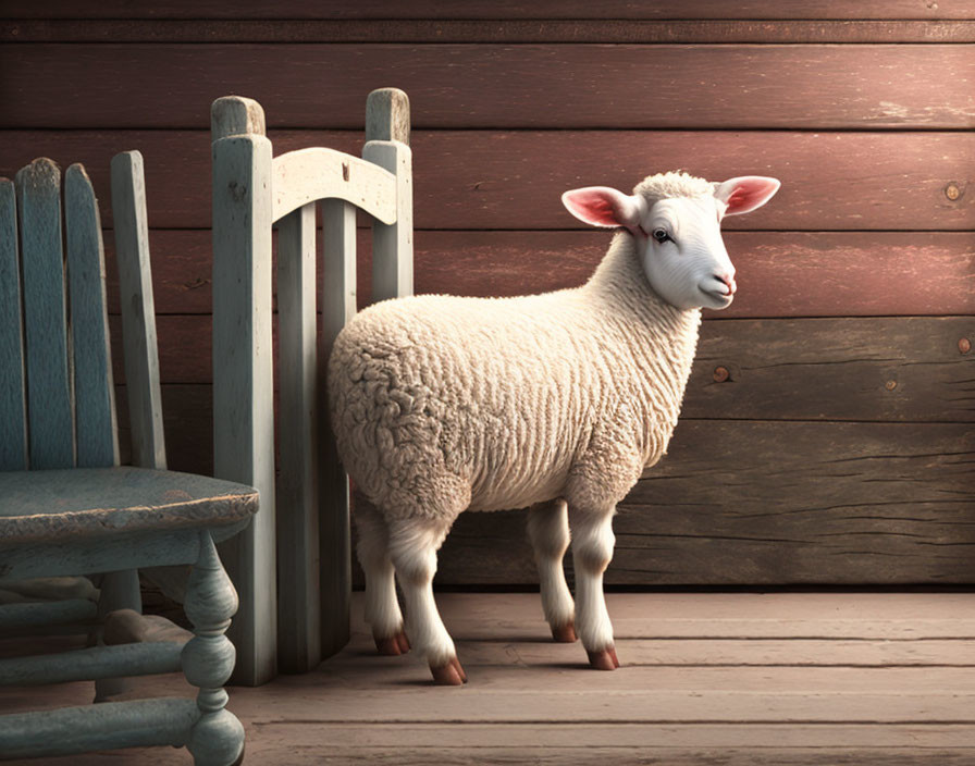 White Sheep by Wooden Fence and Blue Chair on Porch with Reddish-Brown Wall