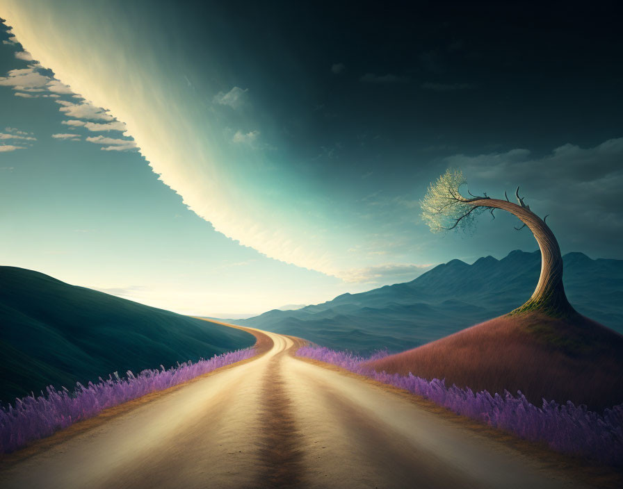 Surreal landscape with winding road, purple flora, and dramatic sky.