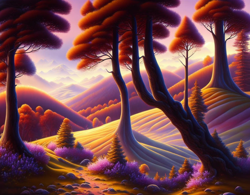 Colorful fantasy landscape with purple hills, red foliage trees, and majestic mountains.