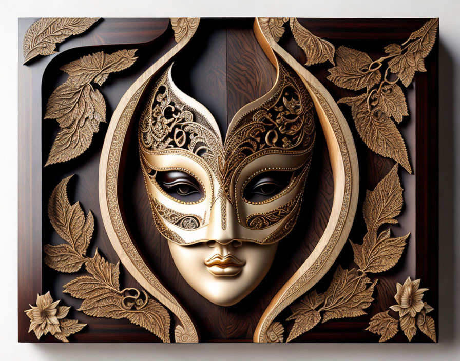 Golden Mask with Baroque-inspired Decorative Leaves on Wooden Background