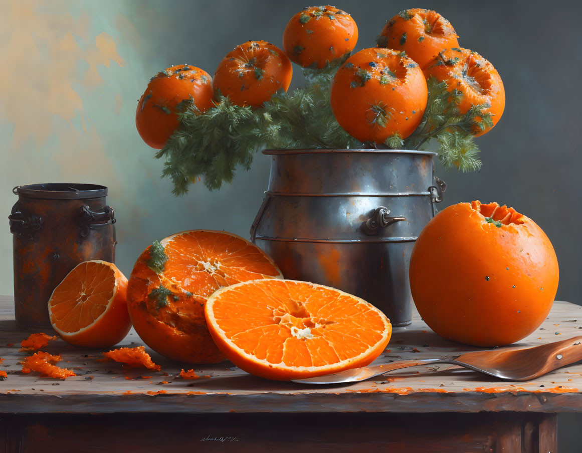 Vibrant oranges and metal pot on wooden surface