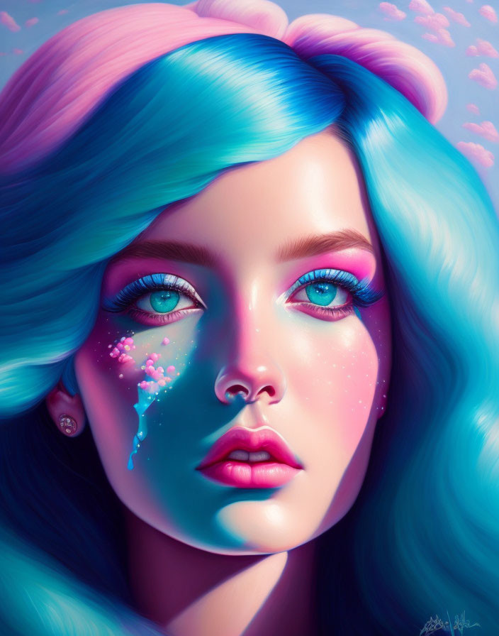 Vibrant digital artwork: Woman with blue and pink wavy hair, vivid eyes, glittery