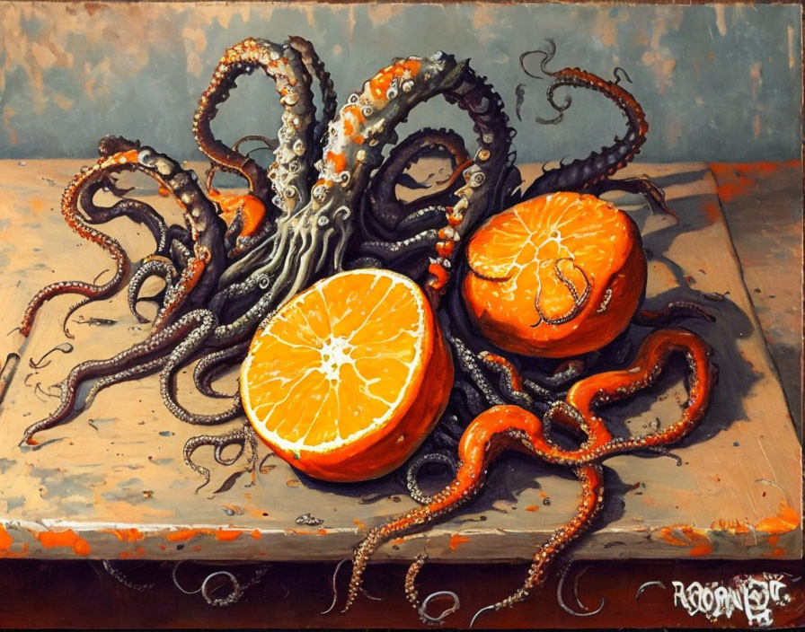 Realistic oil painting of octopus with halved oranges on wooden surface