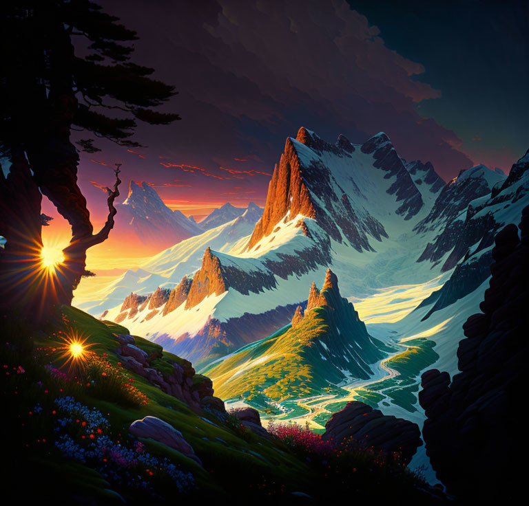 Digital artwork: Sunrise over snowy mountain landscape