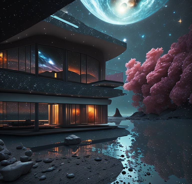 Modern house by tranquil lake under starry sky with planet and cosmic trees.