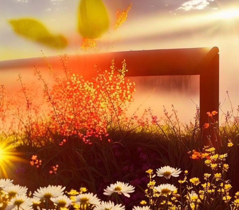 Wildflowers Field at Sunset with Daisies and Butterfly