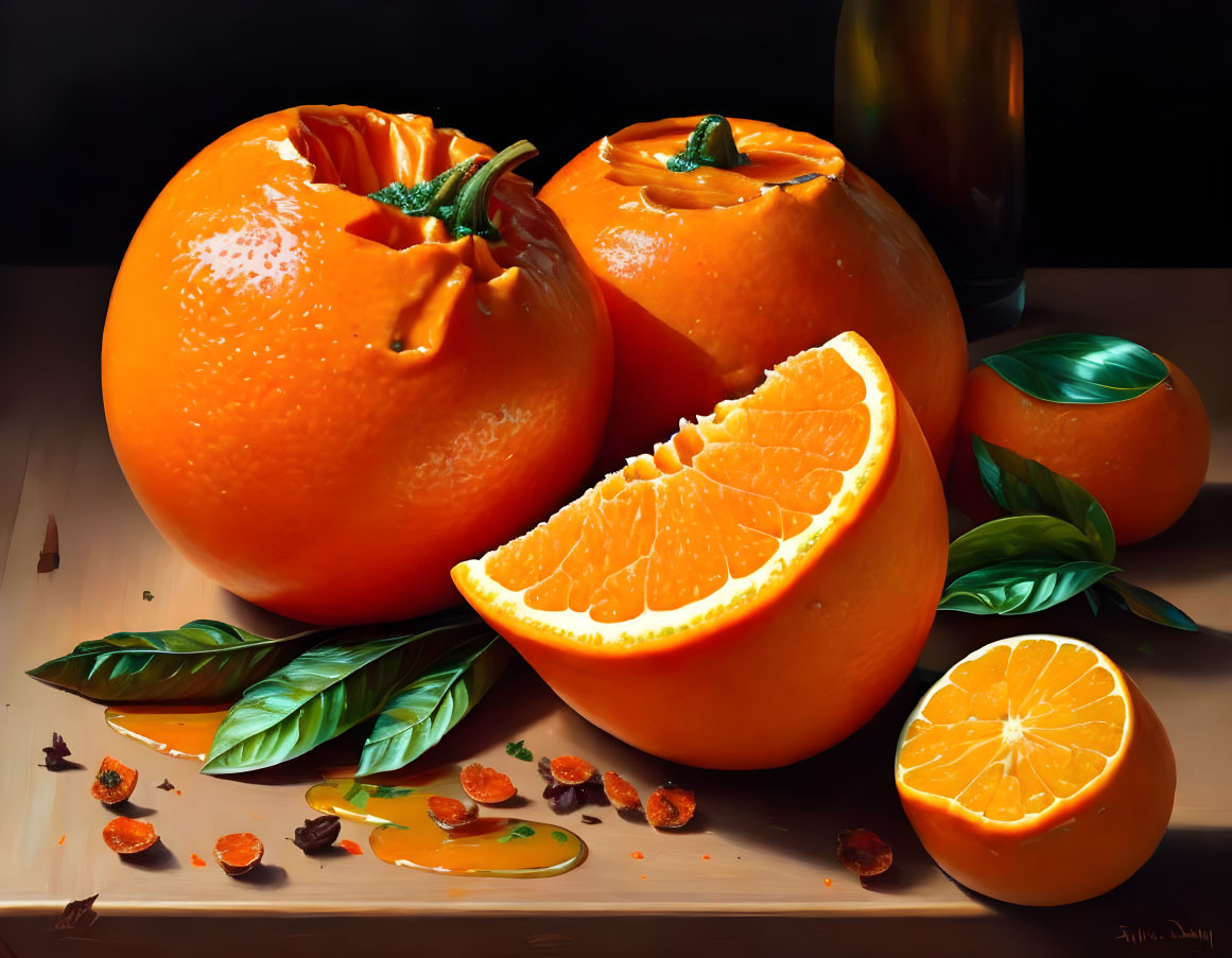 Fresh oranges with slice, leaves, and juice droplets on wooden surface.