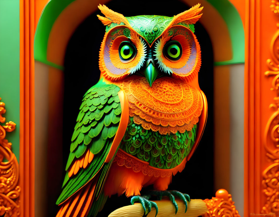 Stylized owl with intricate patterns on branch against green and orange background