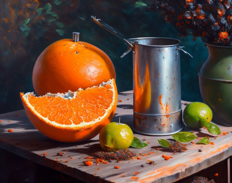 Classic still life painting: orange, apple, metal pitcher, spices on wood