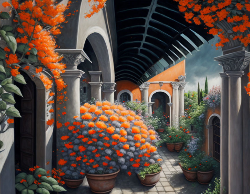 Mediterranean courtyard with arched walkways and vibrant orange plants