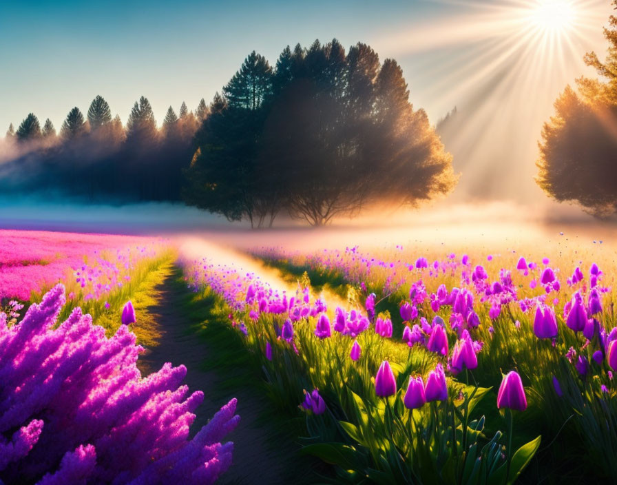 Colorful flower field under sunny sky with misty forest backdrop