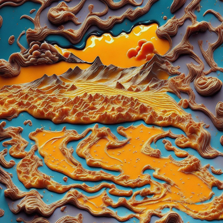 Abstract Earthy Orange and Blue Toned Textured Shapes Resembling Topographic Landscape