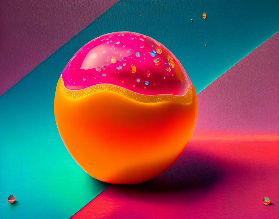 Colorful Glossy Sphere with Water Droplets on Colorful Surface