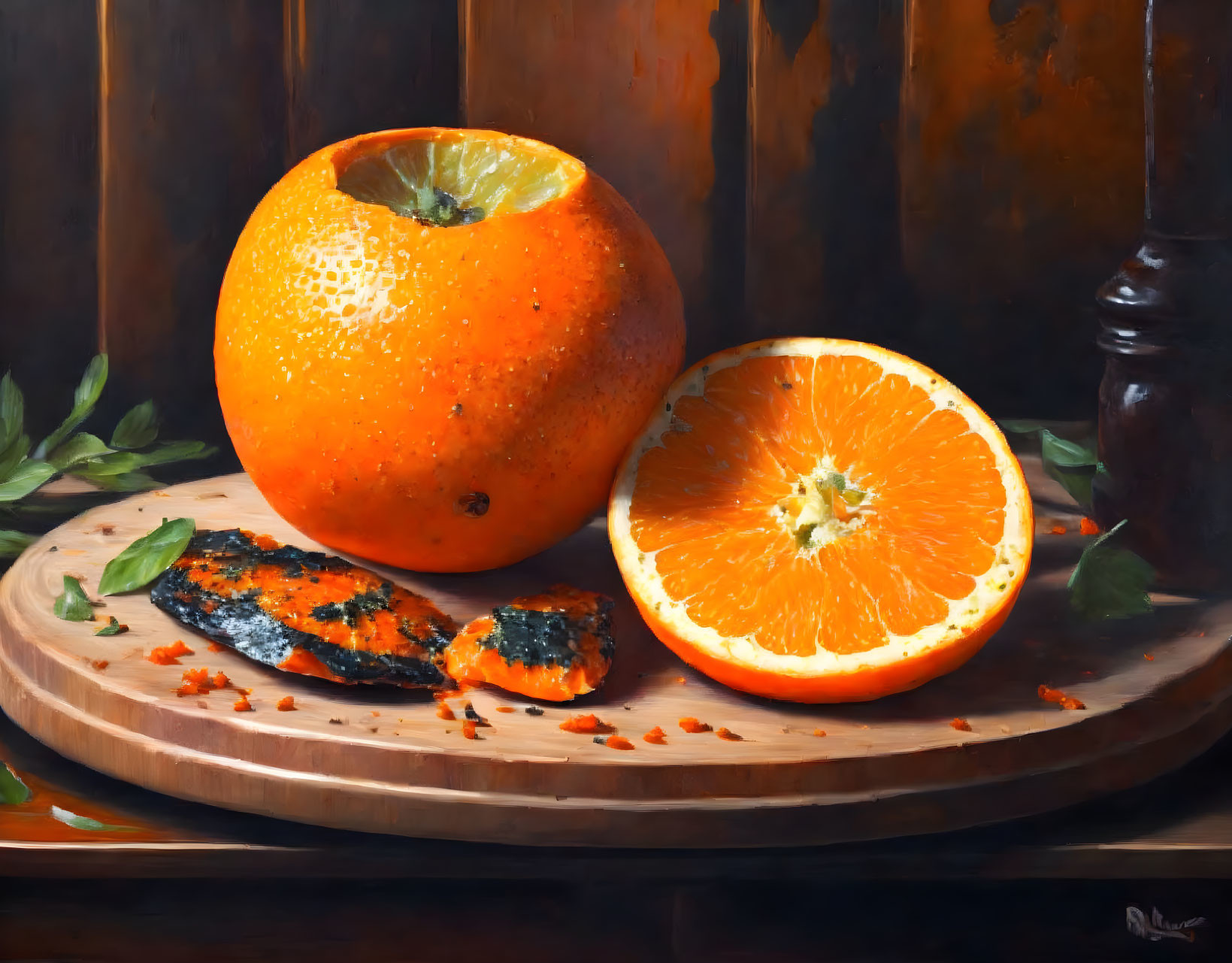 Realistic painting of whole and halved oranges on wooden board