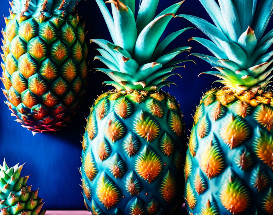 Vivid Colored Pineapples on Deep Blue Background