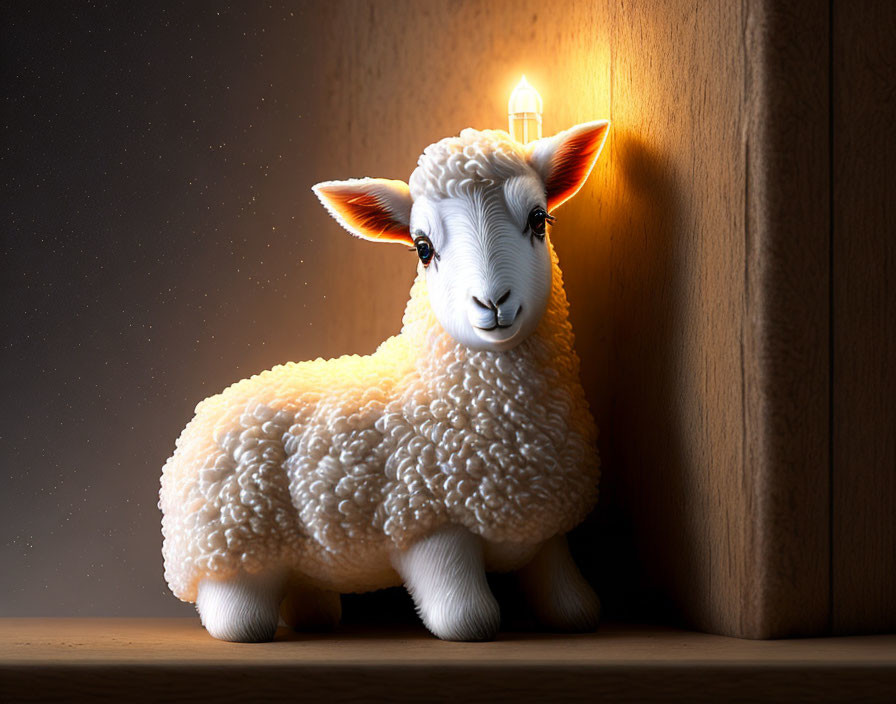 Illustration of whimsical sheep with glowing candle by wooden wall