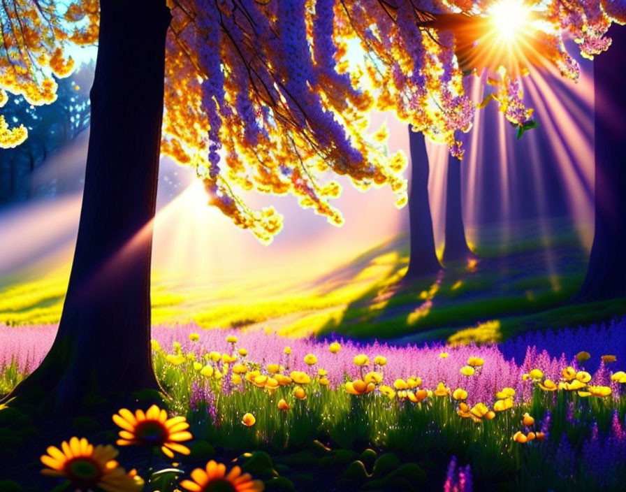 Vibrant trees and flowers under sunbeams in a magical meadow