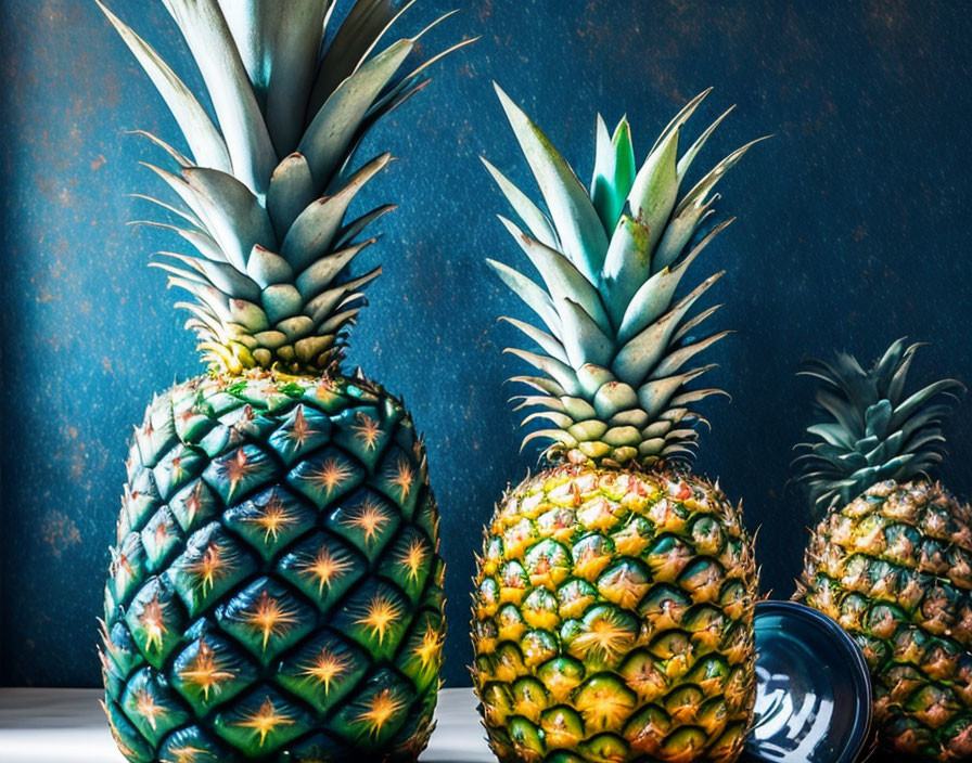 Three Whole Pineapples with Green Tops Next to Blue Bowl on Dark Blue Background