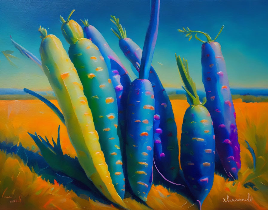 Colorful Painting: Oversized Purple and Yellow Carrots in Vibrant Field