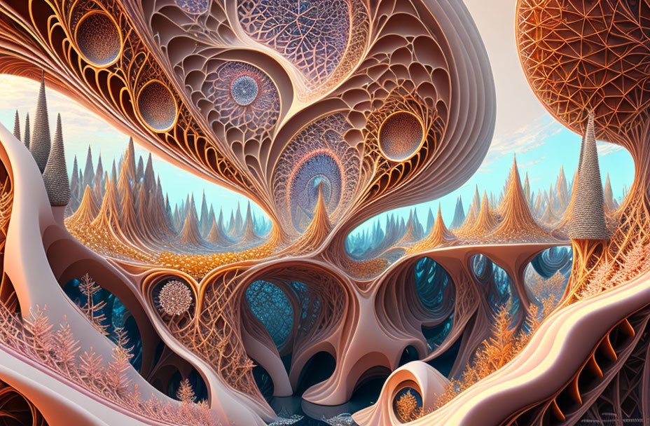 Fractal Patterns in Surreal Landscape with Spirals and Geometric Shapes