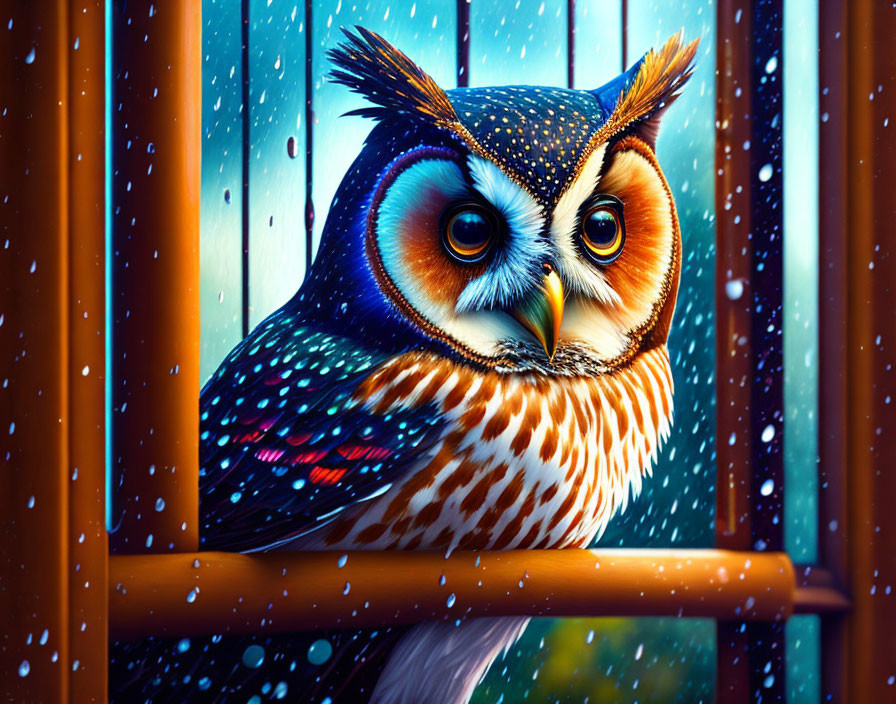 Vibrant owl perched on railing with rain and bokeh background