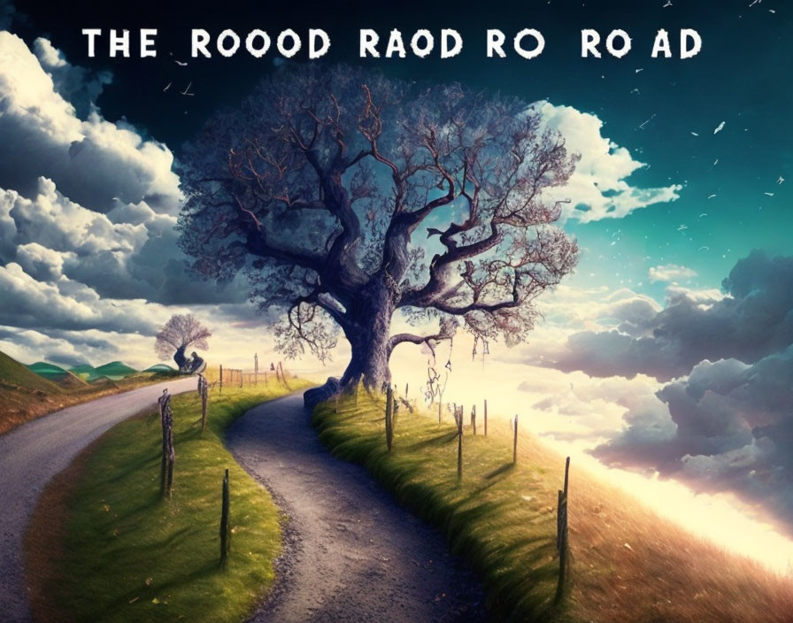 Forked road around large tree under dramatic sky with text overlays