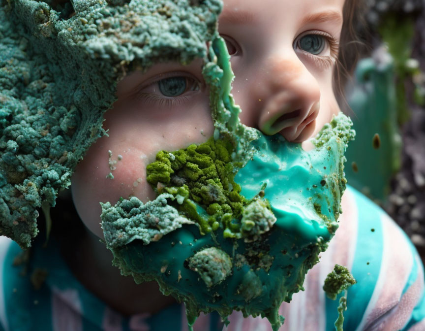 Messy-faced child eating blue frosted cake