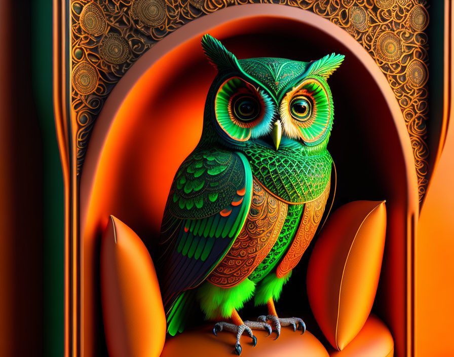 Colorful Stylized Owl Artwork on Ornate Orange Background