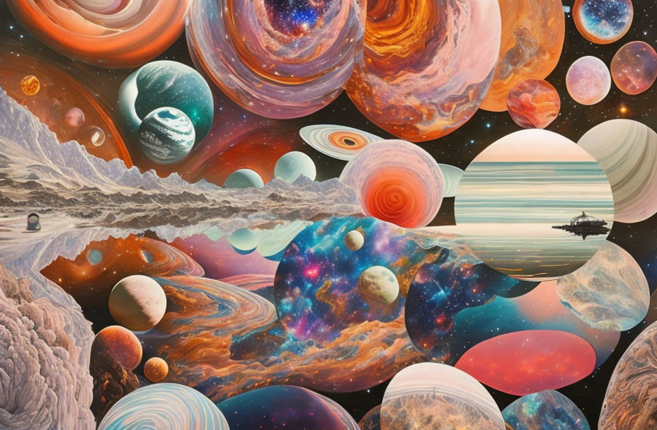 Colorful Collage of Planets, Moons, and Galaxies