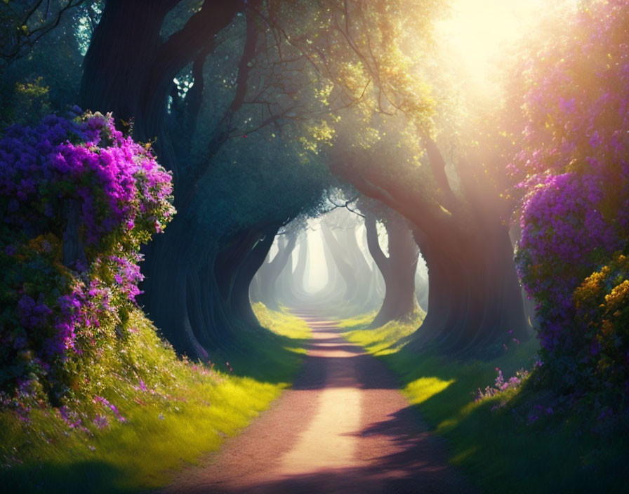 Serene forest path with blooming purple flowers and arching trees