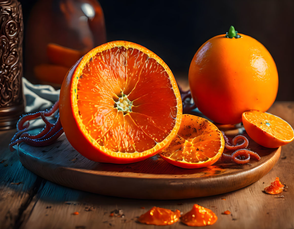 Ripe fresh oranges on wooden board, one sliced, against rustic background