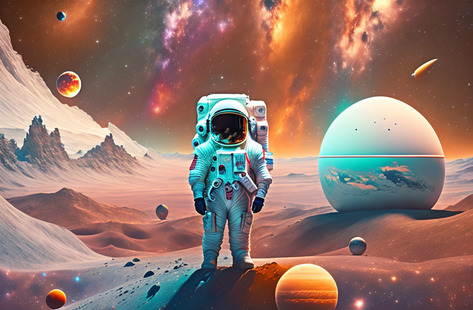 Astronaut on surreal alien landscape with floating planets