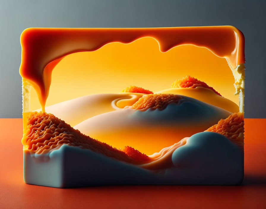 Desert landscape in melting orange and blue block