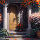 White Columned Doorway with Orange and White Blossoms