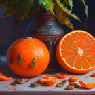 Colorful still-life with whole and halved oranges, bottle, and leaves on dark background