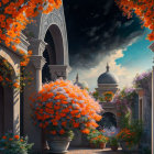 Mediterranean courtyard with arched walkways and vibrant orange plants