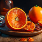 Ripe fresh oranges on wooden board, one sliced, against rustic background