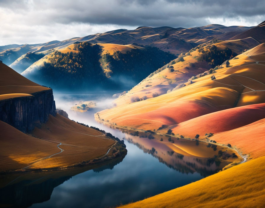 Tranquil landscape with rolling hills, river, and cloudy sky