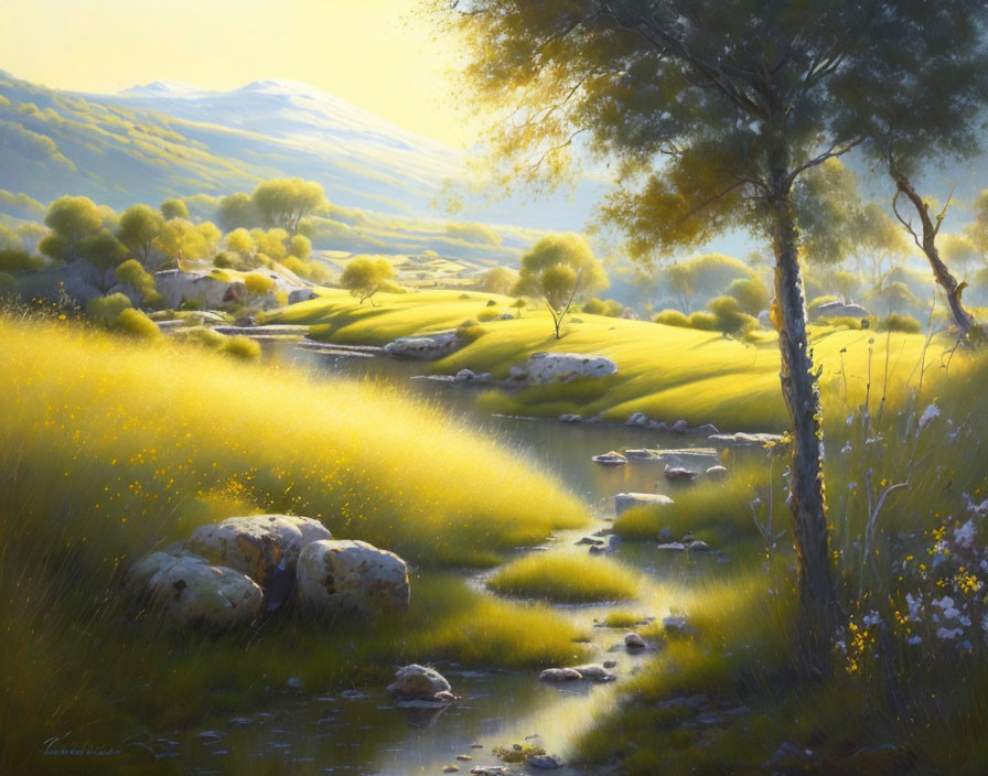 Serene landscape with stream, meadows, rocks, trees, and hills