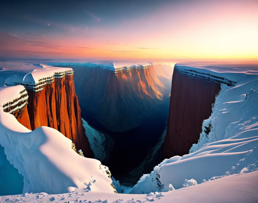 Snow-covered peaks and valleys in sunrise mountain landscape