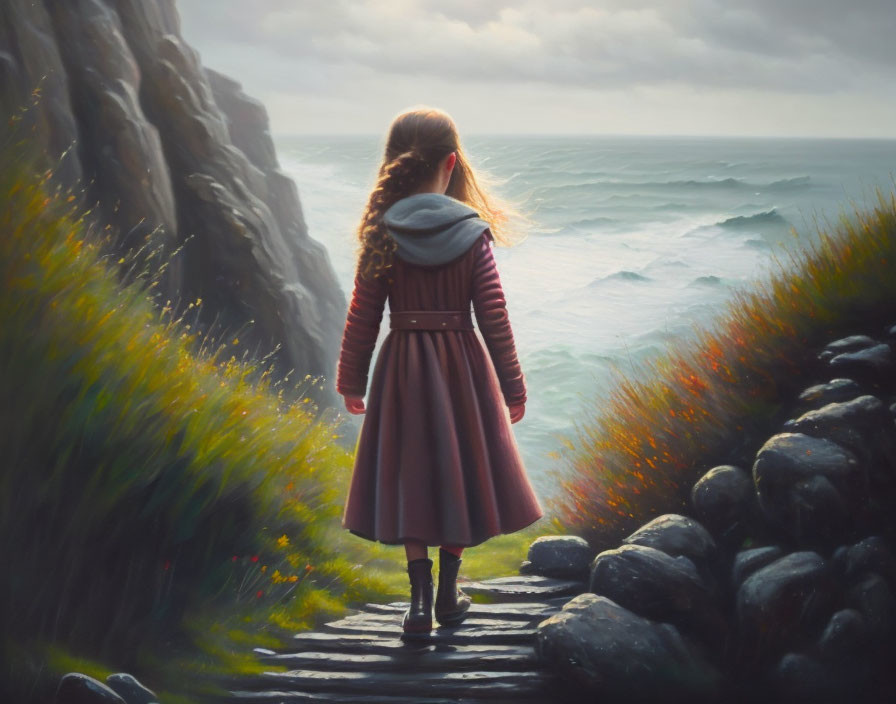 Girl in Red Coat Standing by Ocean on Rocky Path