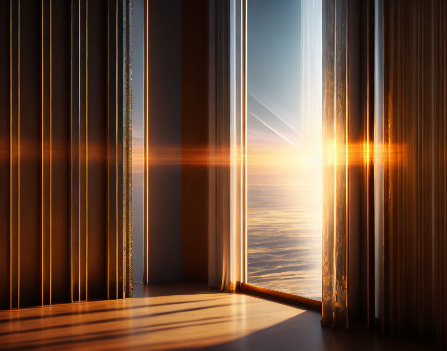 Sunset through glass window with vertical blinds casting shadows