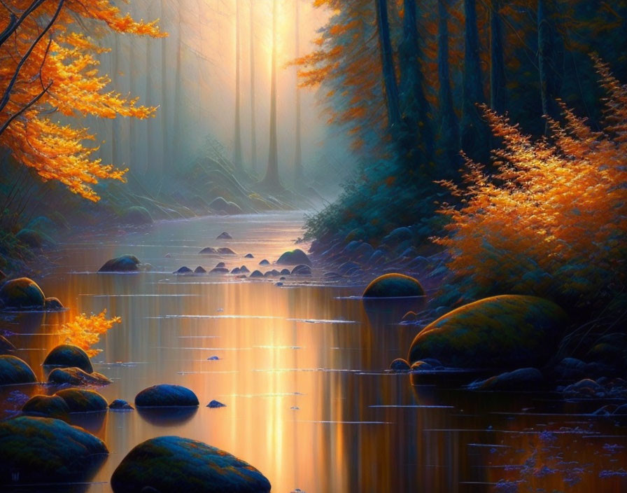 Tranquil autumn forest with river, rocks, golden leaves, and sunlight rays