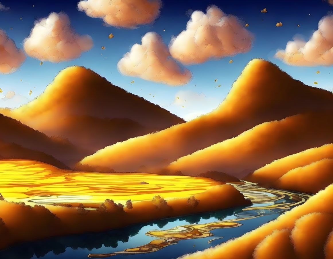 Serene river winds through golden sunlit hills beneath fluffy clouds